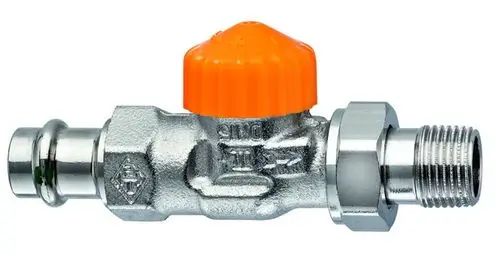 Thermostatventilunterteil aus Metall mit orangem Drehknopf. Anschlussoptionen für Rohrleitungen. Hersteller: IMI Hydronic Engineering.